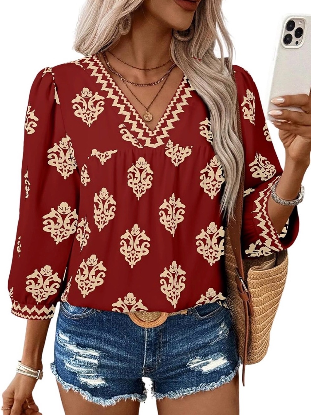Boho V-Neck Floral Print Top - Red